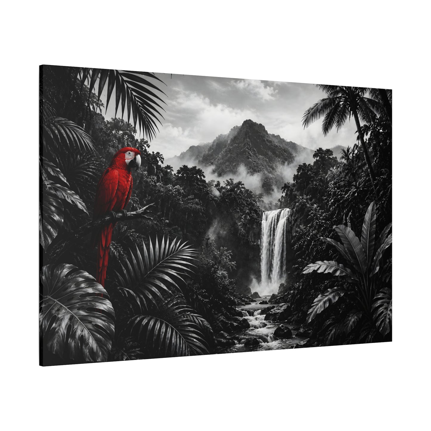 Canvas print with a red parrot on a branch in a black and white jungle scene with a waterfall.