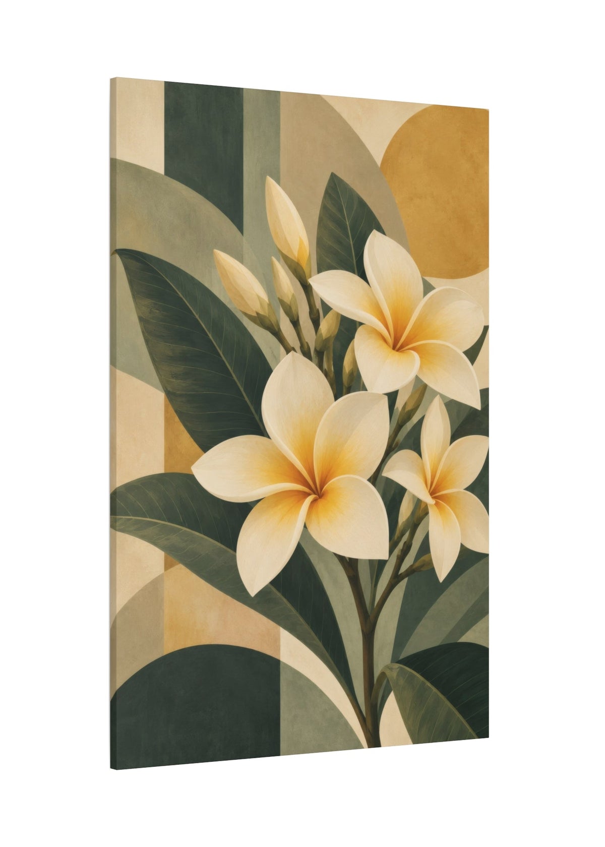 A vertical canvas wall art print featuring a stylized botanical illustration of cream and pale yellow plumeria flowers with dark green leaves, set against a geometric background of muted beige, olive, and mustard tones.