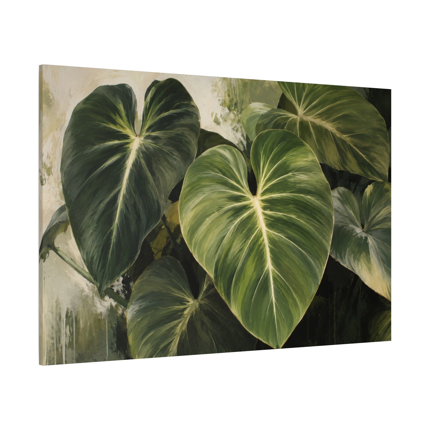A rectangular canvas wall art print featuring a close-up botanical painting of large green heart-shaped tropical leaves against a soft beige and gray background.