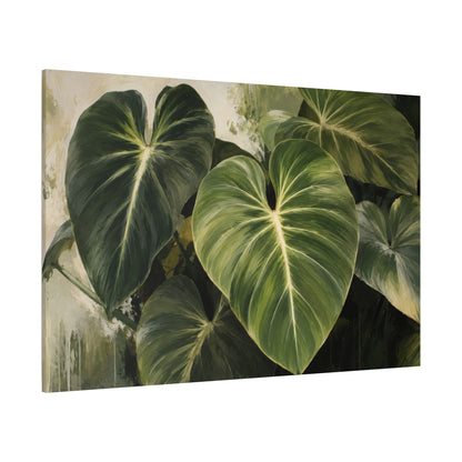 A rectangular canvas wall art print featuring a close-up botanical painting of large green heart-shaped tropical leaves against a soft beige and gray background.