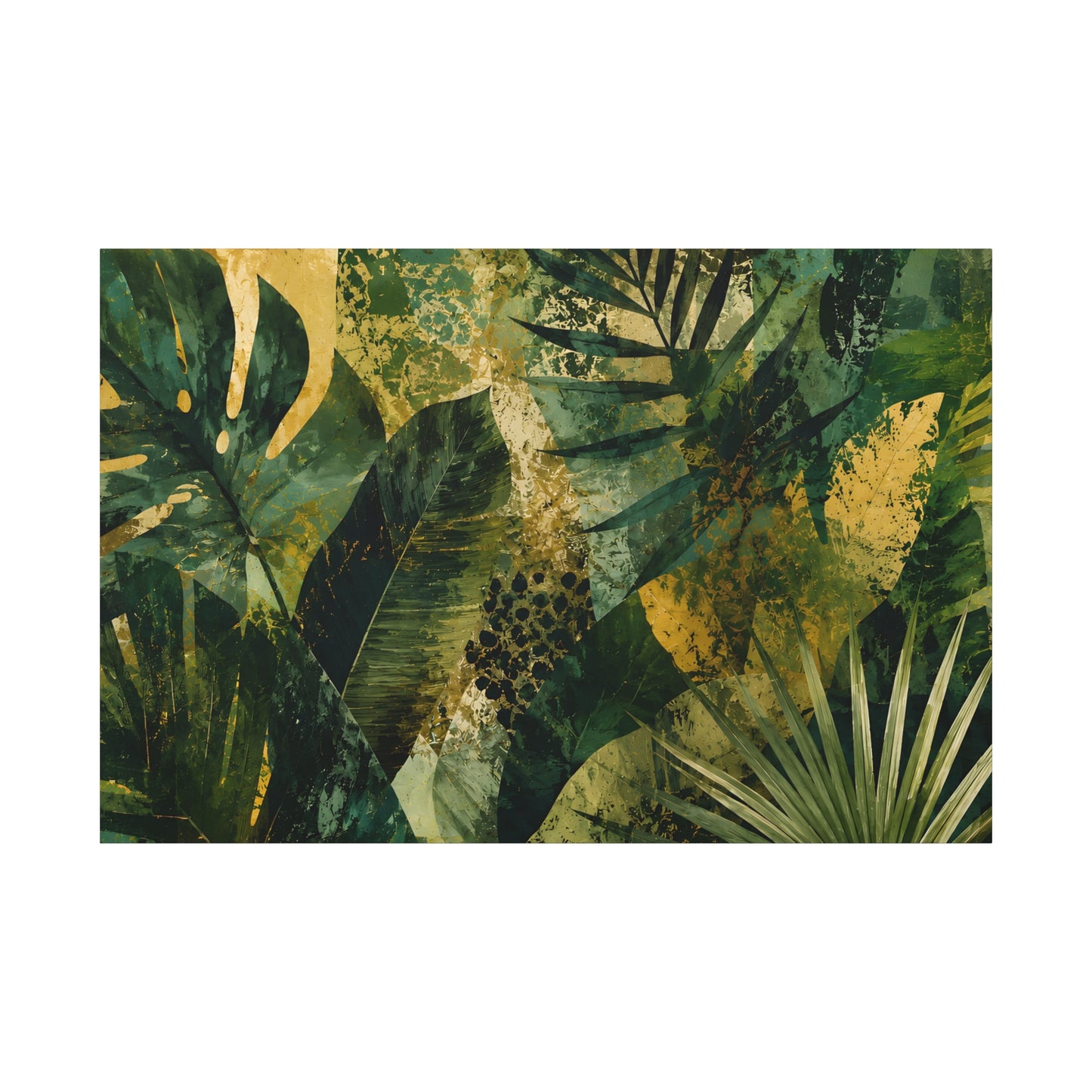Tropical leaf patterned fabric swatch with green and gold colors on a white background