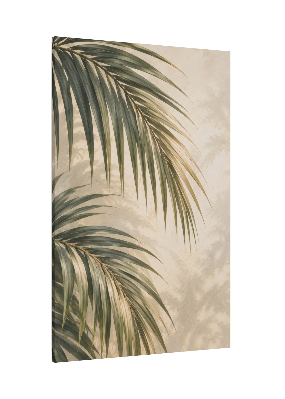 A vertical canvas wall art print featuring tropical palm leaves in soft green tones against a warm beige textured background, shown at a slight angle on a white backdrop.
