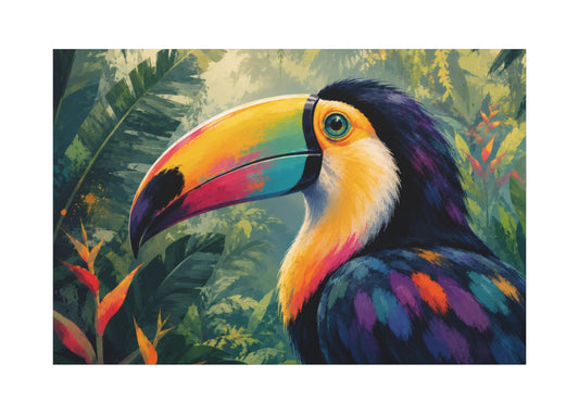 A colorful painted portrait of a toucan surrounded by tropical foliage, shown as a rectangular artwork centered on a white background.