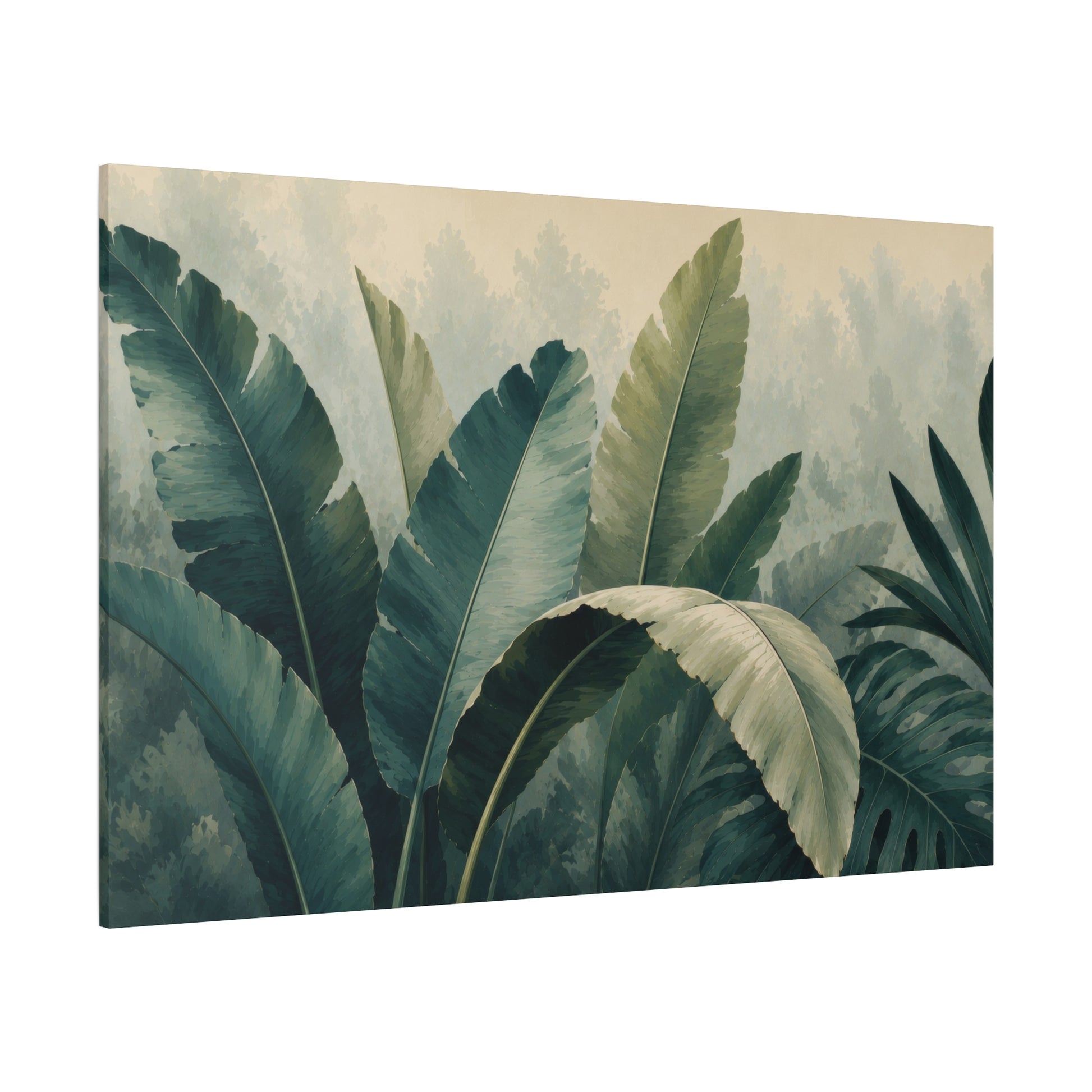 A rectangular canvas wall art print depicting large tropical banana leaves in shades of deep teal, forest green, and soft beige against a misty jungle background, shown at a three-quarter angle on a white background.