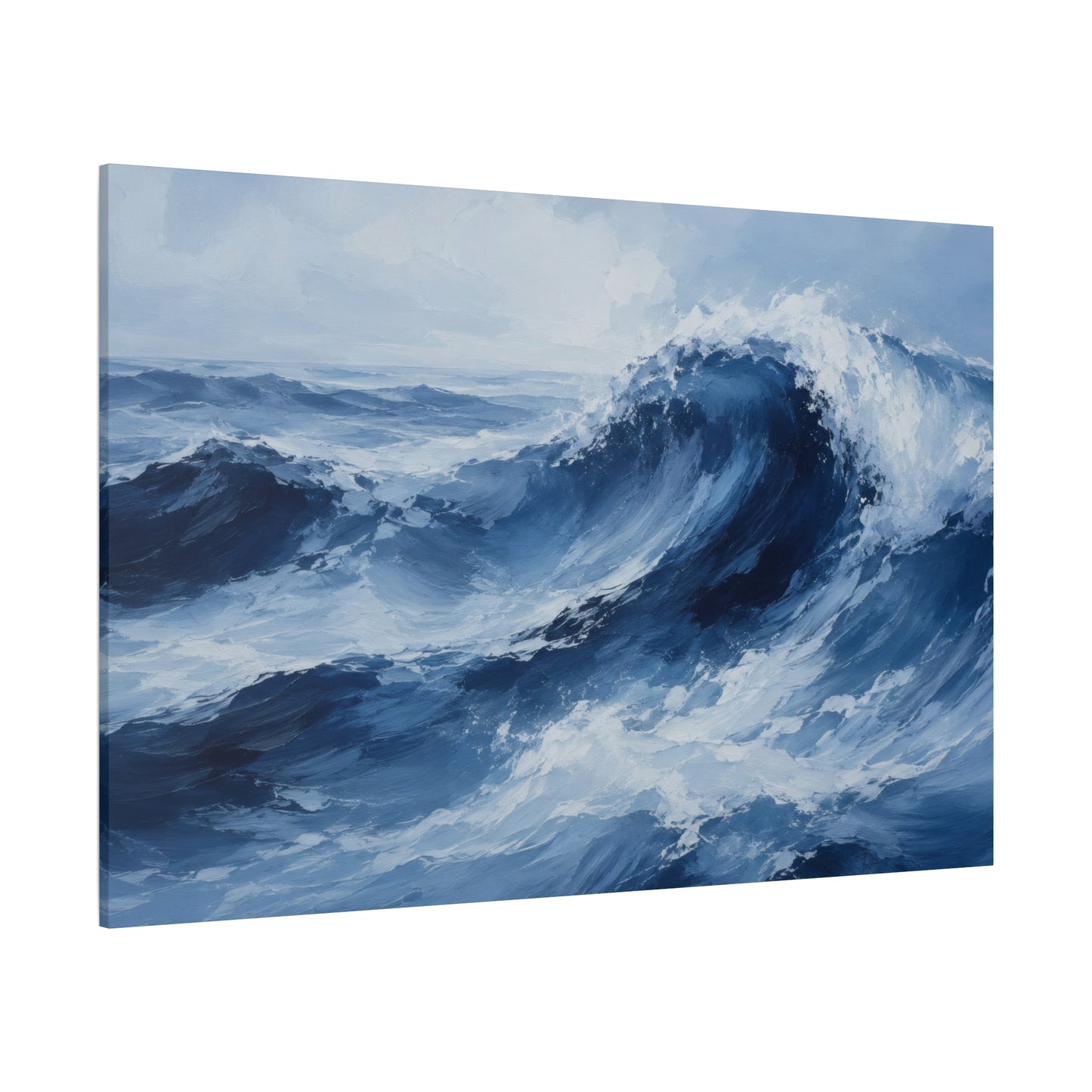 A square canvas wall art print depicting a dramatic blue ocean wave with white foam, shown at a slight angle against a plain white background.
