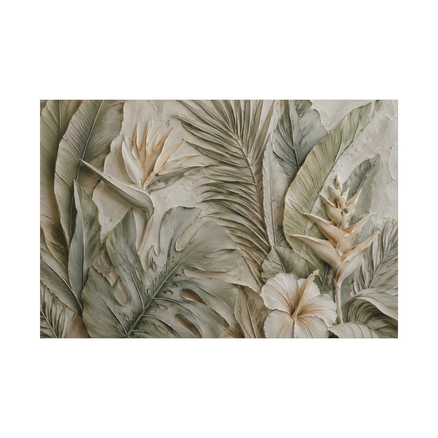 Tropical Botanical Canvas Print - Neutral Palm & Hibiscus Wall Art