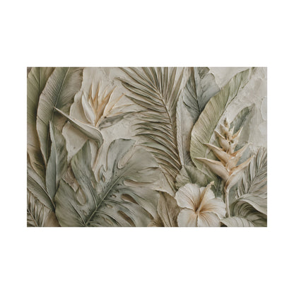 Tropical leaf pattern with beige and green tones on a white background