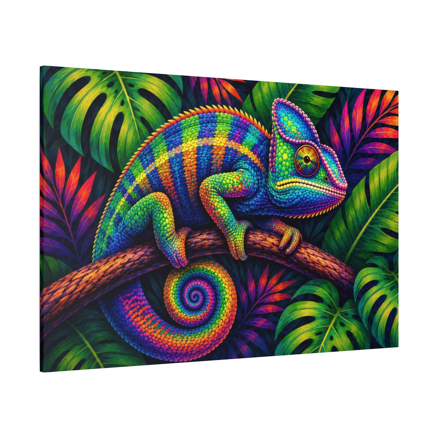 A square canvas wall art print featuring a brightly colored chameleon perched on a branch among vivid tropical leaves, shown at a slight angle on a plain white background.