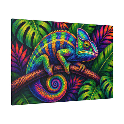 A square canvas wall art print featuring a brightly colored chameleon perched on a branch among vivid tropical leaves, shown at a slight angle on a plain white background.