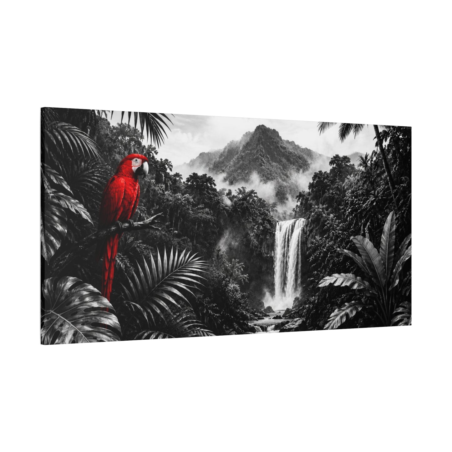 Tropical Waterfall Canvas Print — Black & White Jungle with Red Macaw