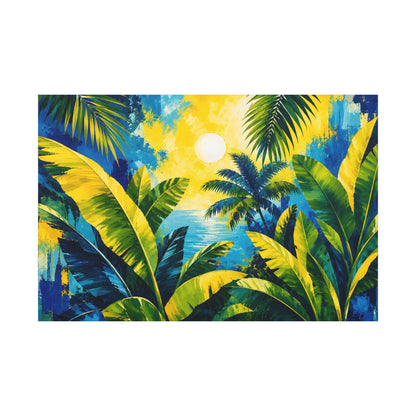 Tropical scene with palm trees and a sunset over water