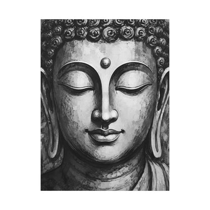 Black and white illustration of Buddha's face with detailed hair and serene expression.