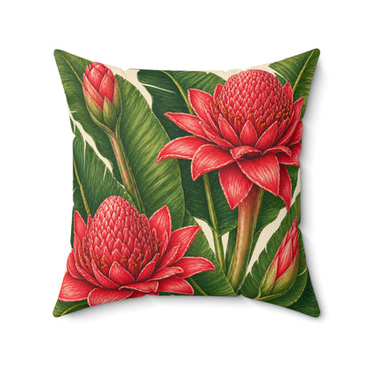 Tropical Red Torch Ginger Pillow — Faux Suede Decorative Throw Pillow