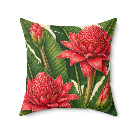 Tropical Red Torch Ginger Pillow — Faux Suede Decorative Throw Pillow