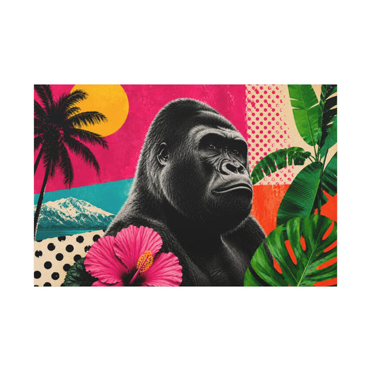 Gorilla illustration with tropical elements on a colorful background