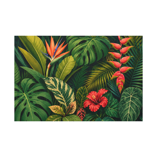 Tropical Leaves Canvas Wall Art — Vibrant Hibiscus & Jungle Botanical Print