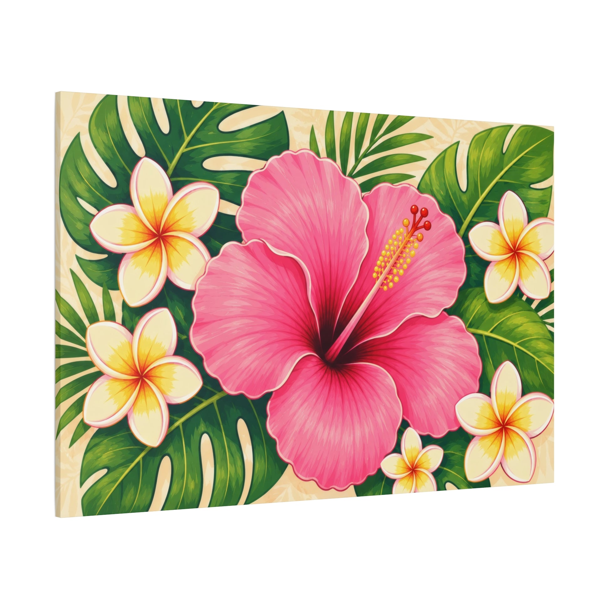 A rectangular canvas wall art print featuring a tropical design with a large pink hibiscus flower, green monstera and palm leaves, and small white plumeria flowers on a cream background, shown at a slight angle against a white studio backdrop.