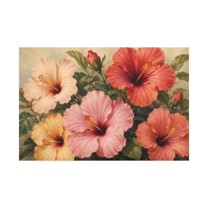 A rectangular floral artwork showing hibiscus flowers in soft peach, pink, coral, and pale yellow tones with green leaves on a cream background, centered on a white canvas.