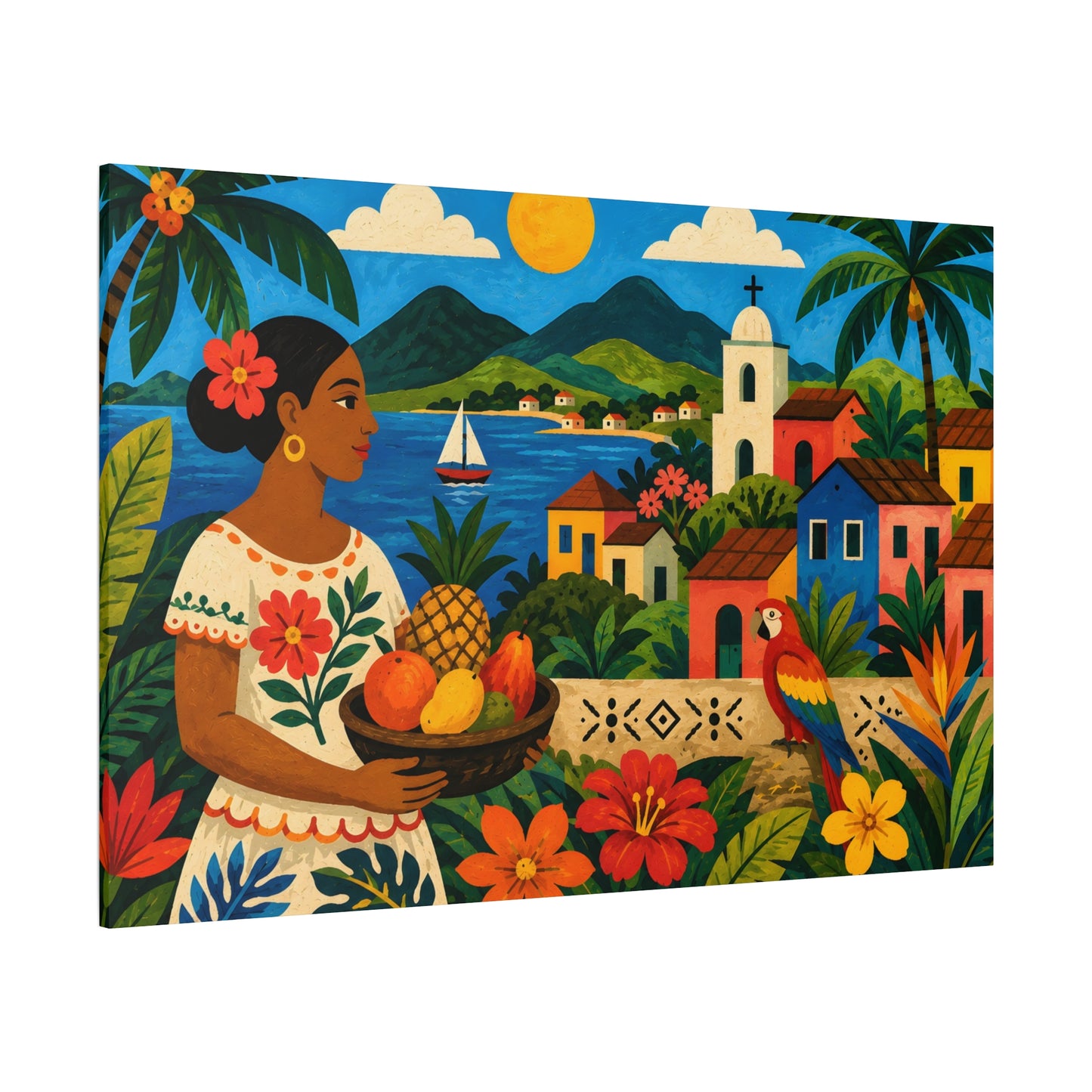 Tropical Village Canvas Wall Art — Colorful Mexican Folk Scene with Woman & Fruits