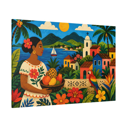 Tropical Village Canvas Wall Art — Colorful Mexican Folk Scene with Woman & Fruits