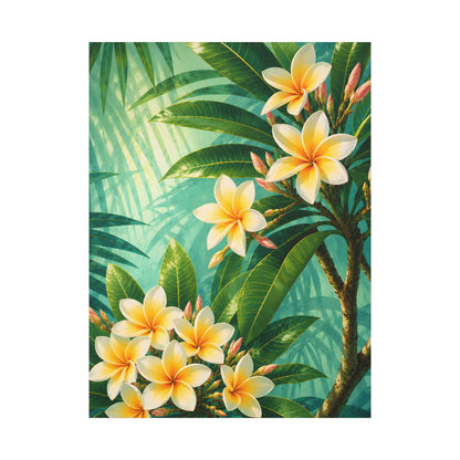 A vertical tropical art print featuring white and yellow plumeria flowers with green leaves against a teal background with palm shadows, shown centered on a white canvas.