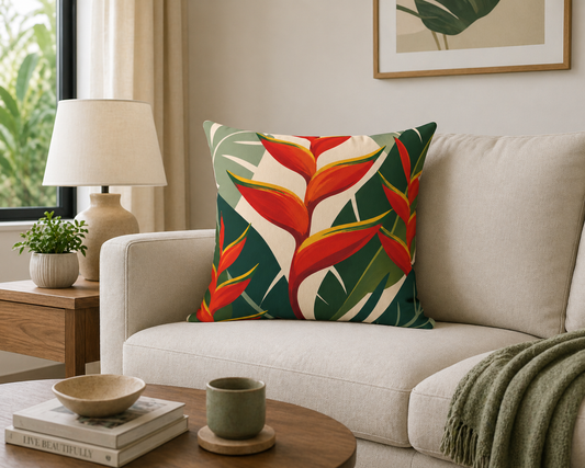 Tropical Heliconia Decorative Pillow — Bold Botanical Throw Cushion