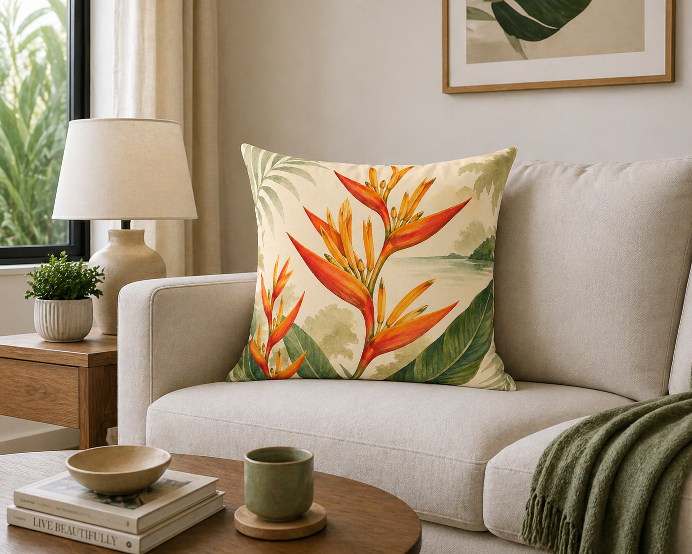 Tropical Heliconia Throw Pillow — Floral Botanical Accent Pillow