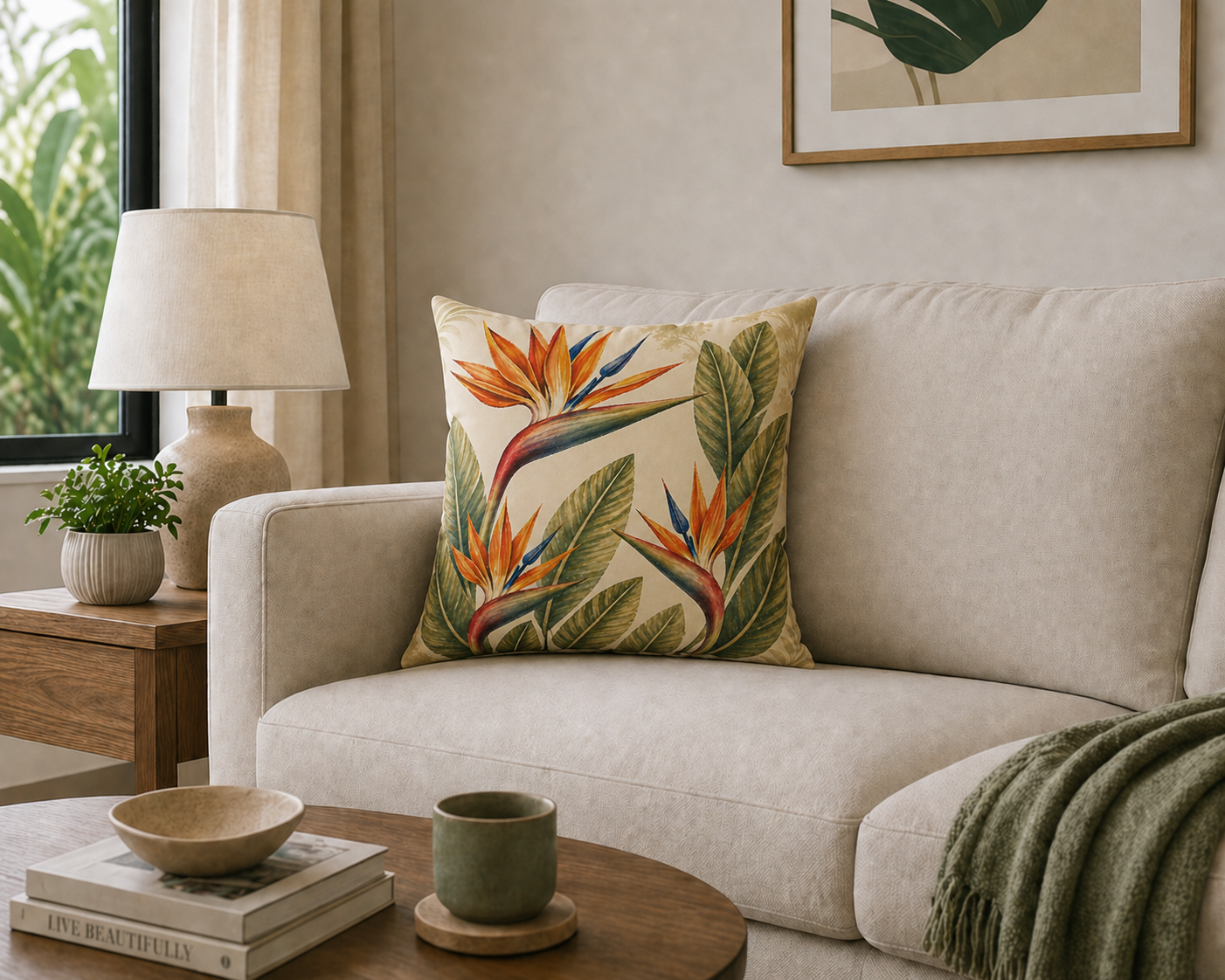 Tropical Bird of Paradise Throw Pillow — Botanical Decorative Accent for Living Room & Patio