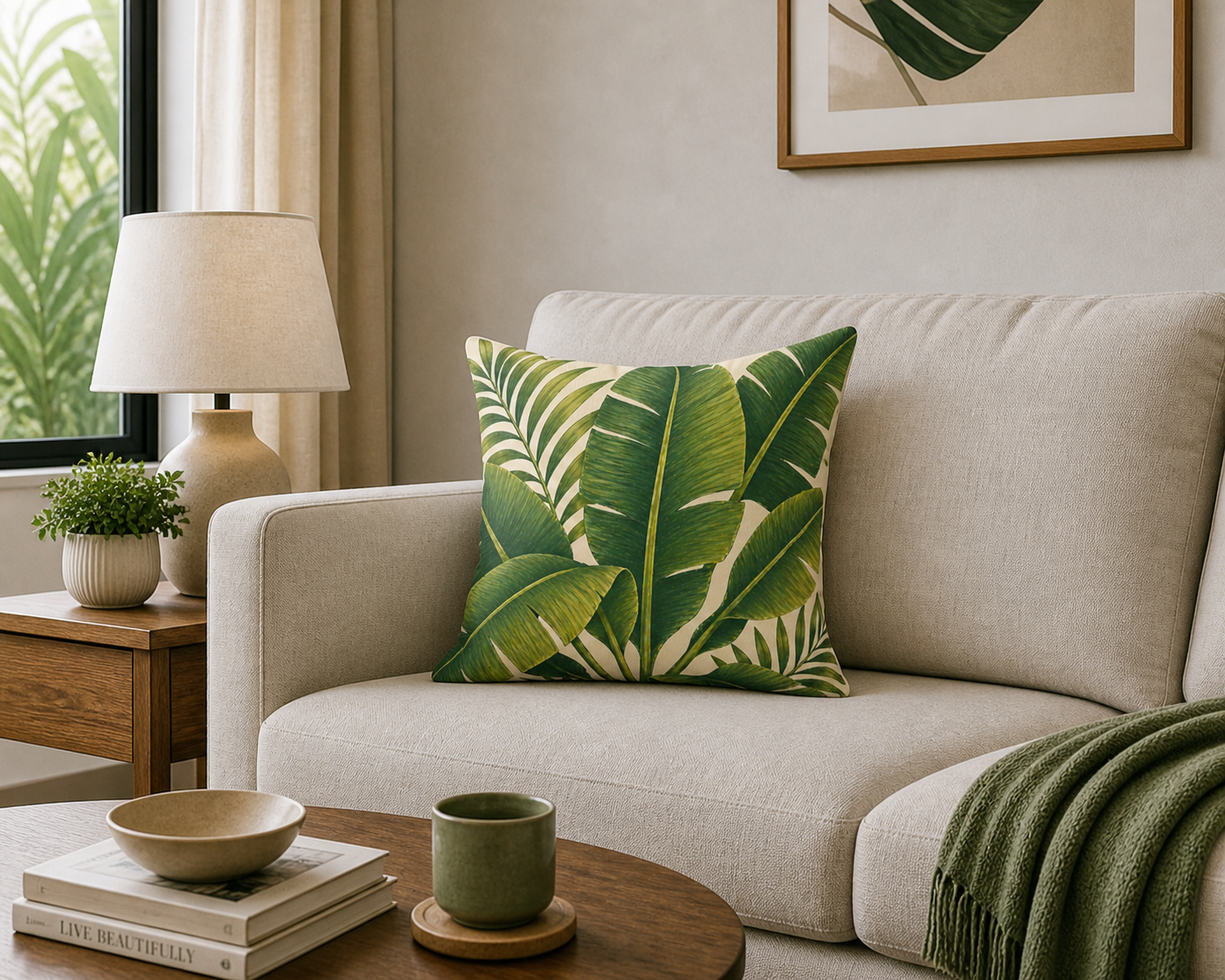 Tropical Banana Leaf Pillow — Green Botanical Square Throw Pillow