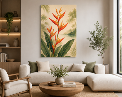Living room with a large heliconia floral painting on the wall, white sofa, and wooden coffee table.