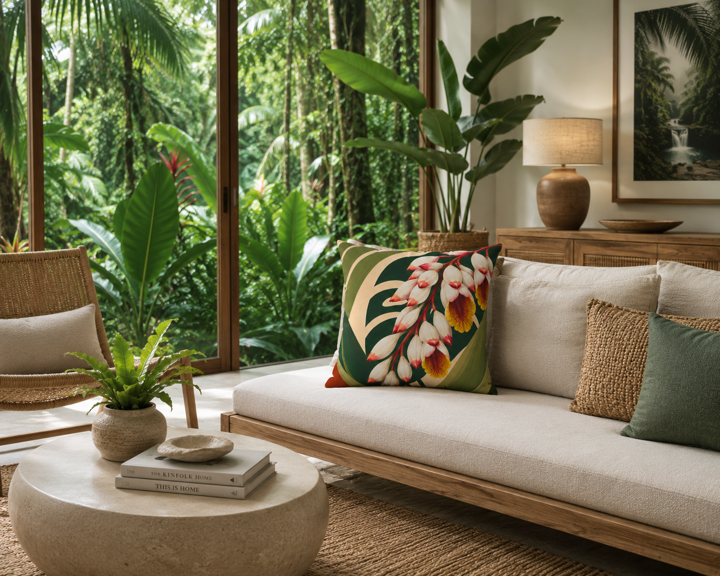 Tropical Floral Faux Suede Pillow — Botanical Shell Ginger Flower Accent