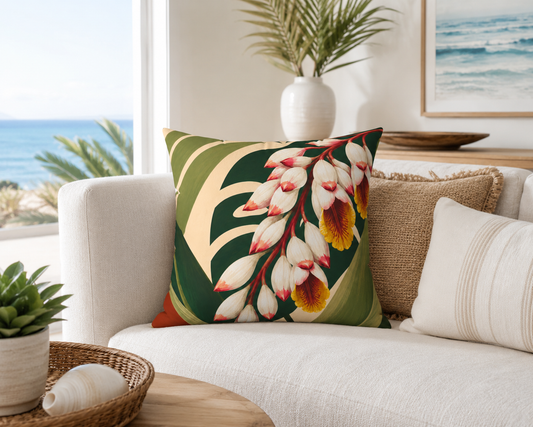 Tropical Floral Faux Suede Pillow — Botanical Shell Ginger Flower Accent