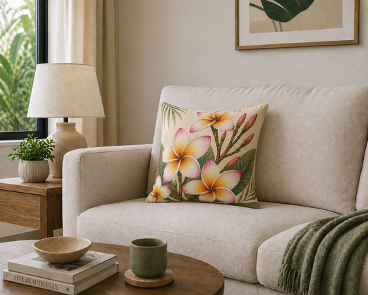 Frangipani Plumeria Floral Faux Suede Pillow — Tropical Blossom Square Decorative Pillow