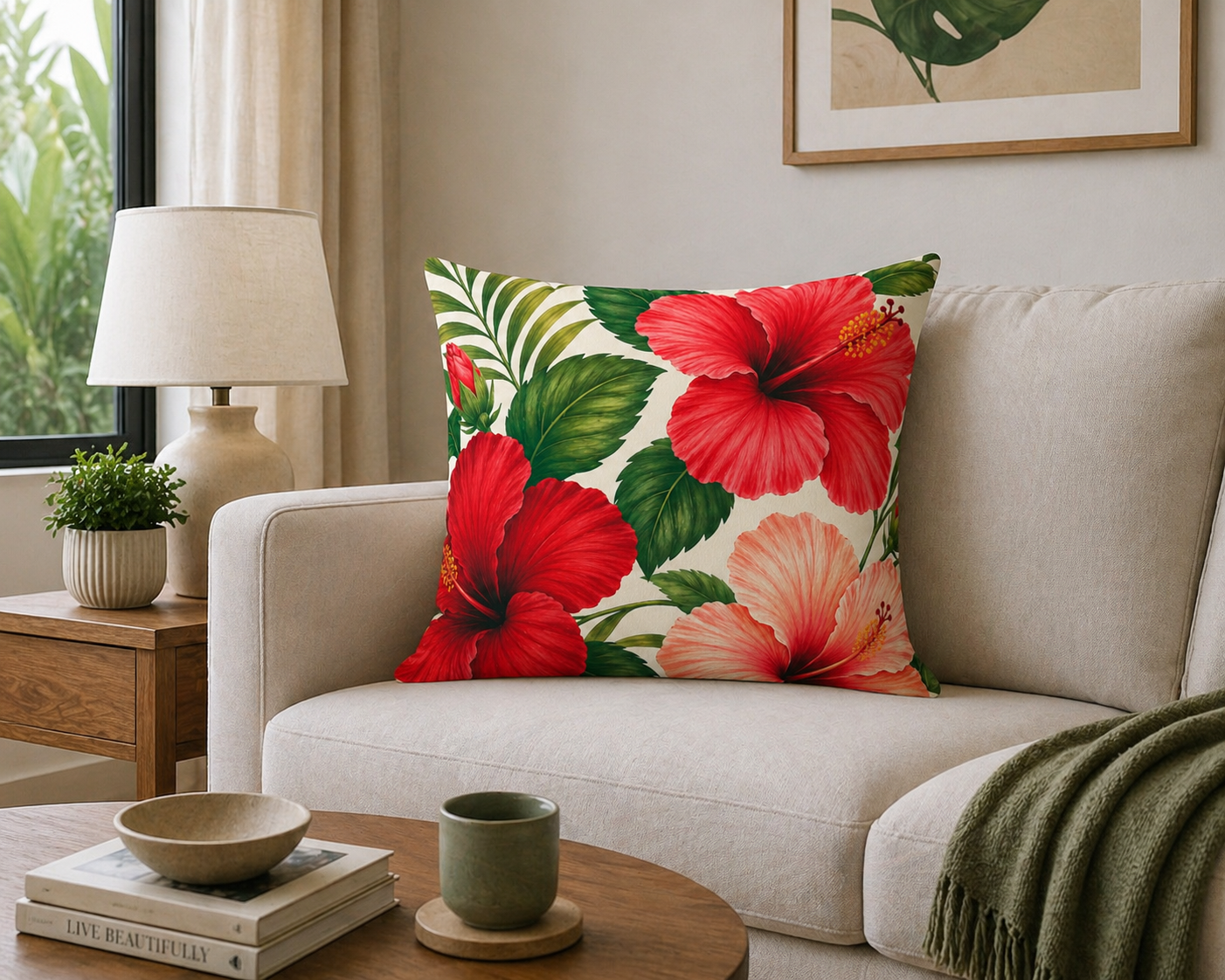 Hibiscus Tropical Throw Pillow — Faux Suede Square Decorative Cushion