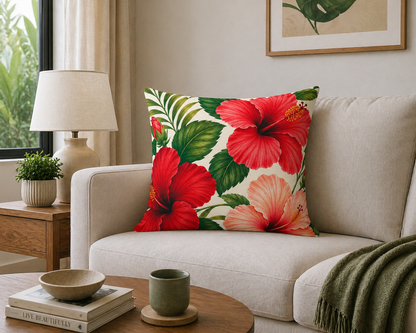 Hibiscus Tropical Throw Pillow — Faux Suede Square Decorative Cushion