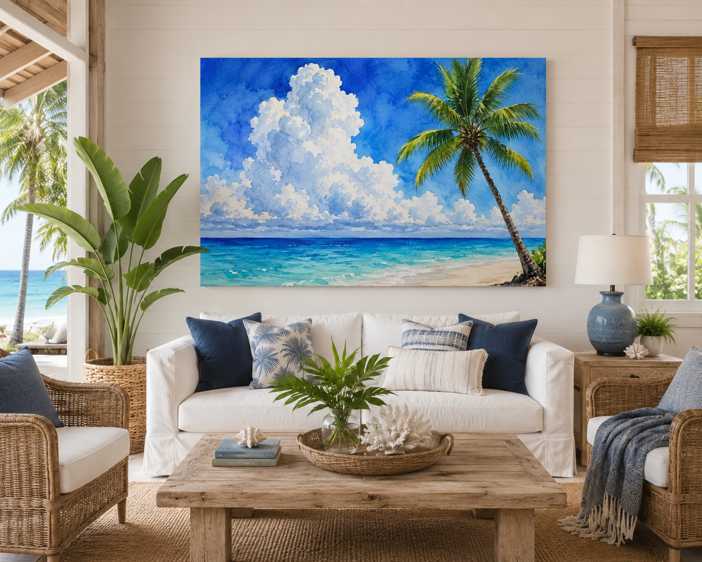 Tropical Beach Canvas Wall Art – Palm Tree Seascape Matte Stretched Print
