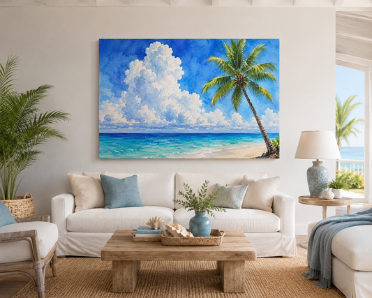 Tropical Beach Canvas Wall Art – Palm Tree Seascape Matte Stretched Print