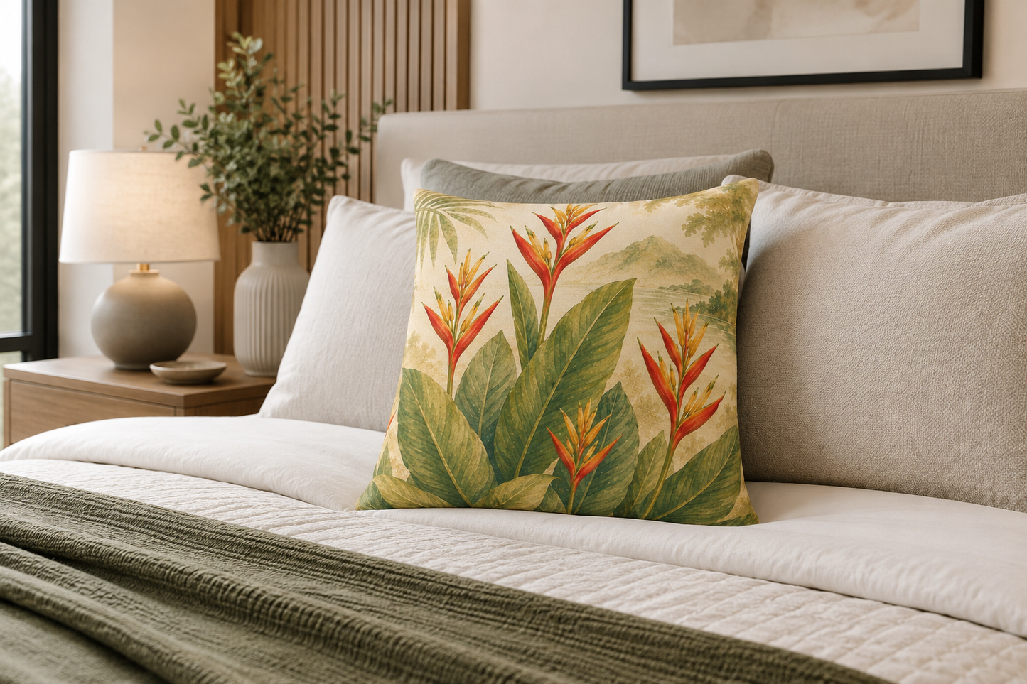 Tropical Heliconia Faux Suede Square Pillow — Botanical Floral Throw Pillow