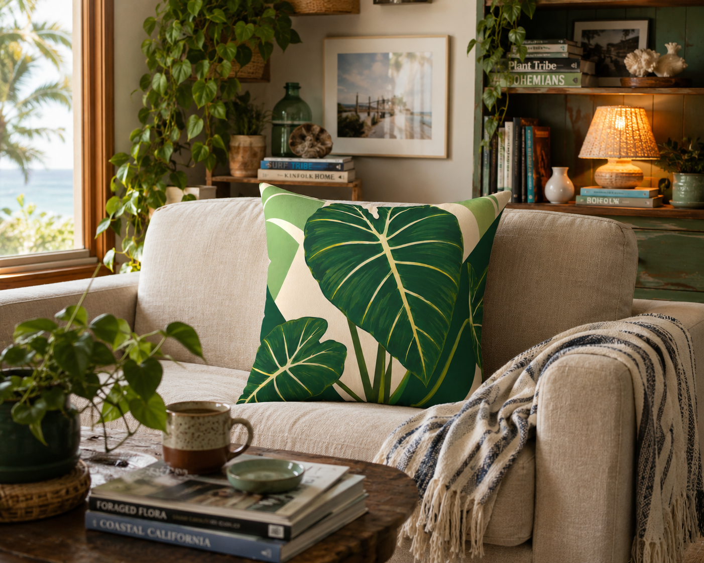 Tropical Alocasia Leaf Decorative Pillow — Green Botanical Throw Pillow
