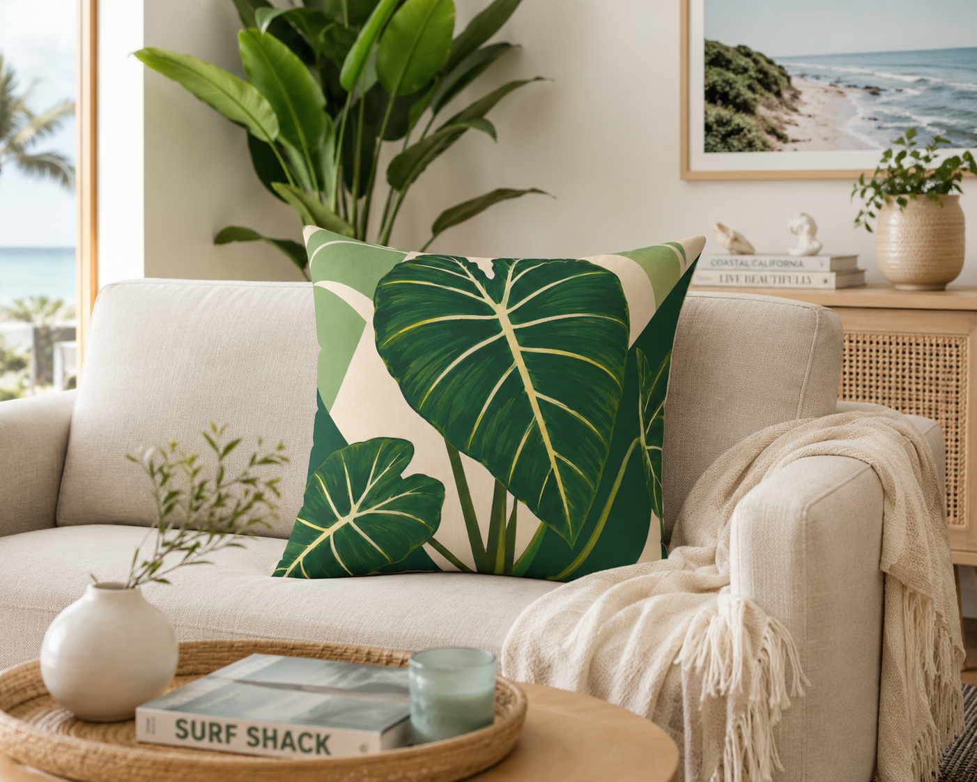 Tropical Alocasia Faux Suede Pillow — Green Leaf Decorative Throw Pillow