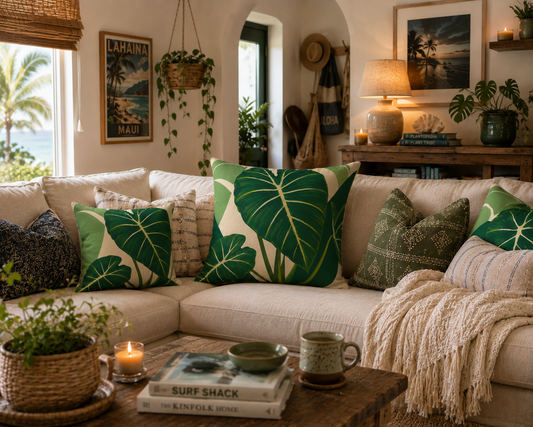 Tropical Alocasia Faux Suede Pillow — Green Leaf Decorative Throw Pillow