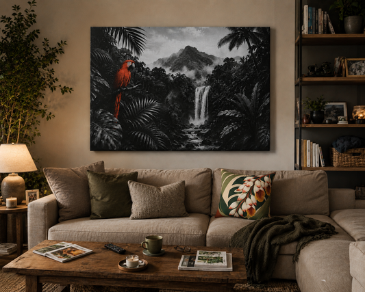 Tropical Waterfall Canvas Print — Black & White Jungle with Red Macaw