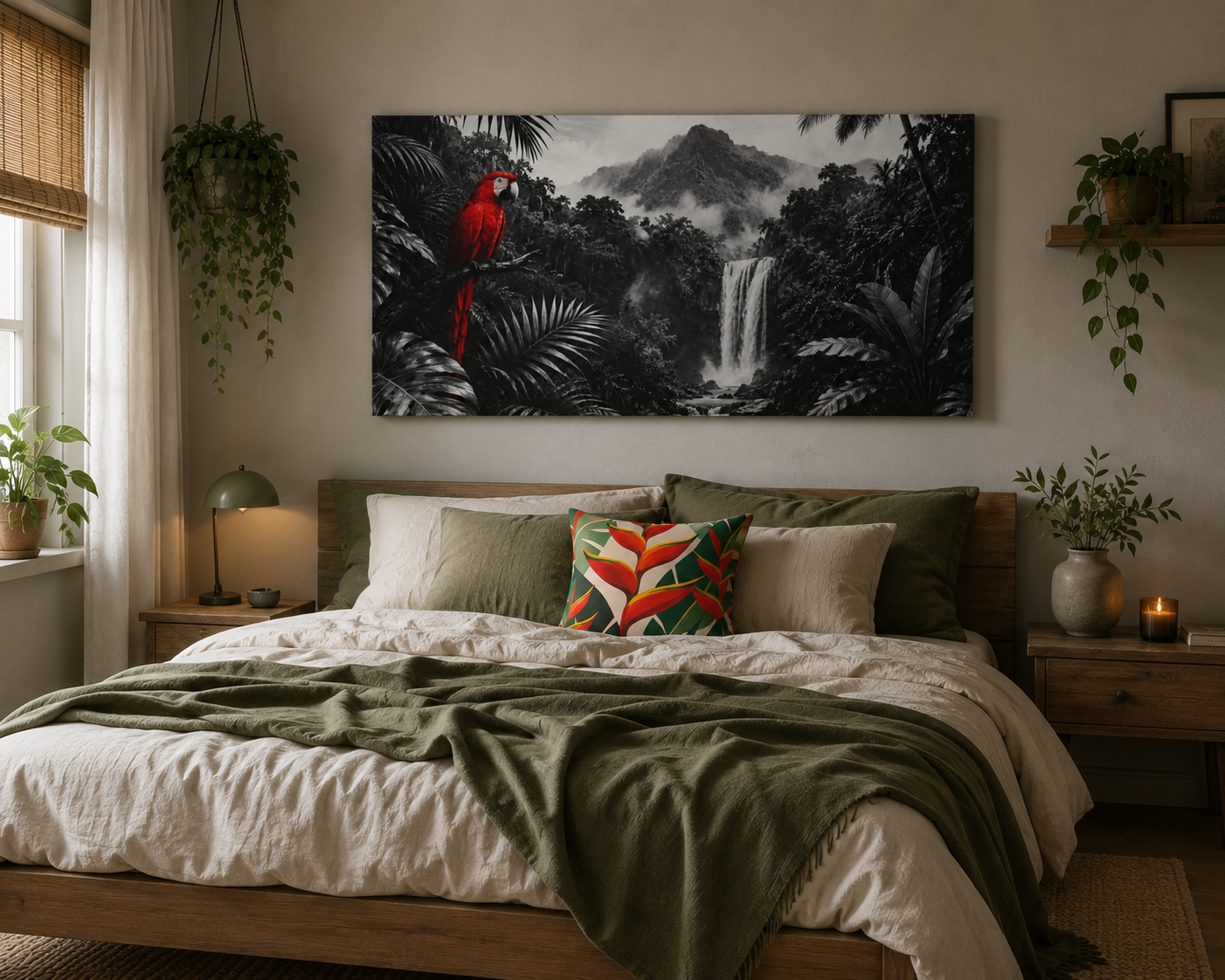 Tropical Waterfall Canvas Print — Black & White Jungle with Red Macaw