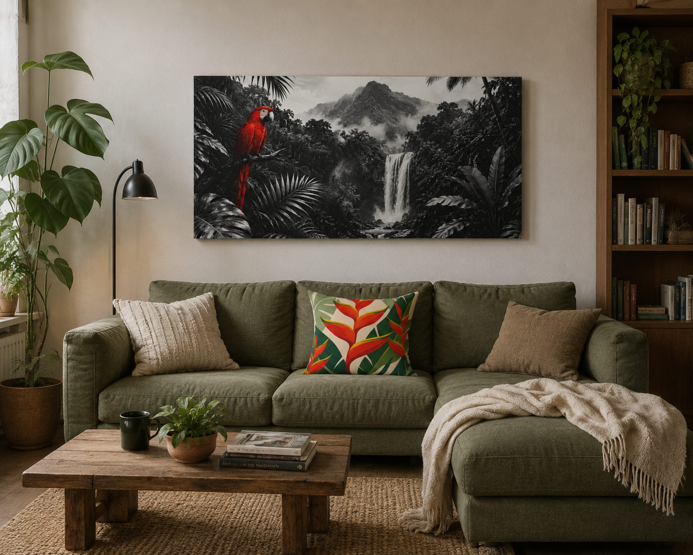 Tropical Waterfall Canvas Print — Black & White Jungle with Red Macaw