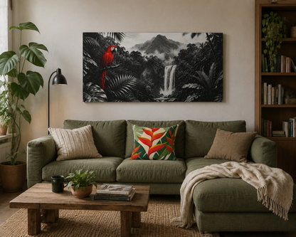 Living room with a green sofa, wooden coffee table, and a large wall art of a tropical scene.