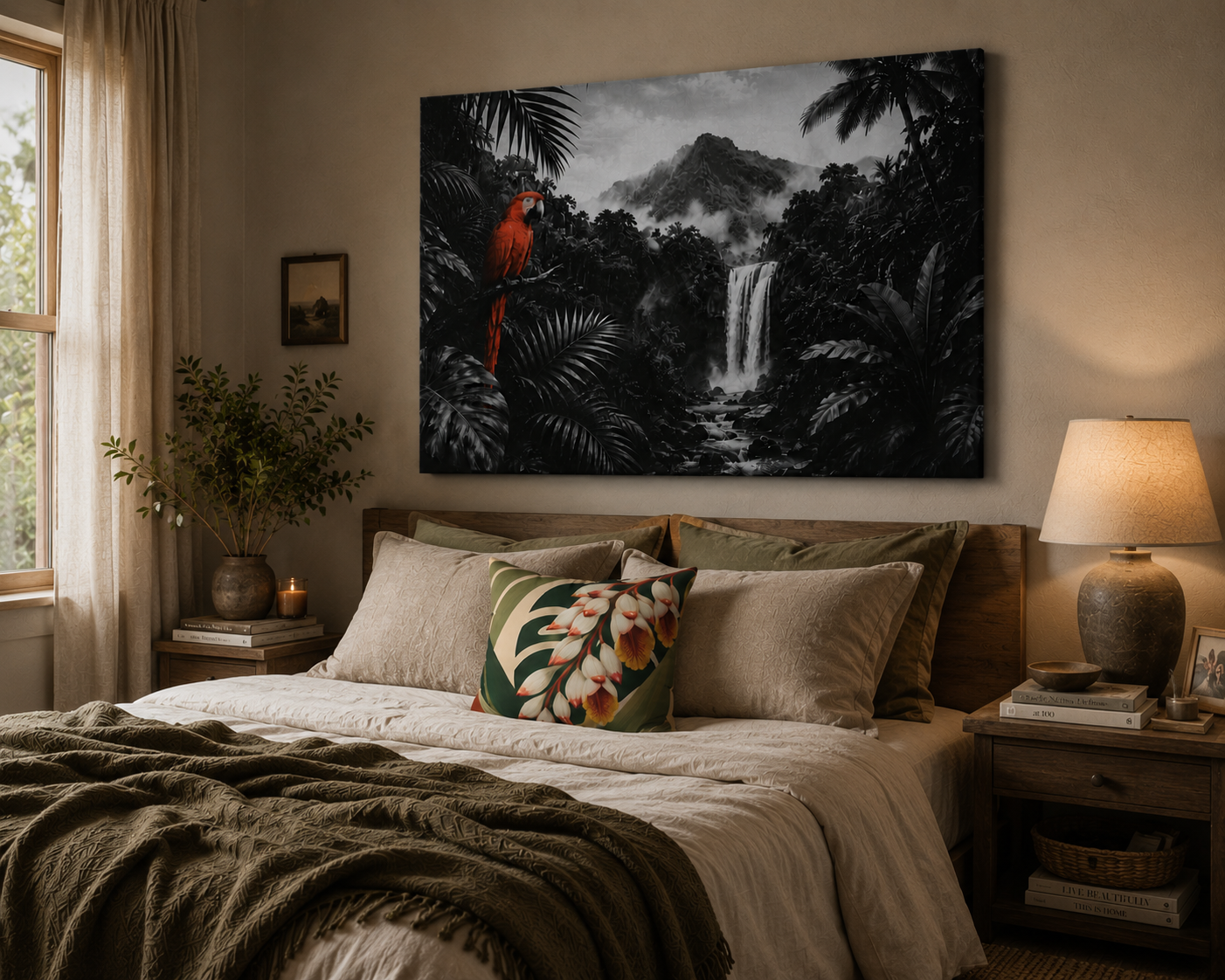 Tropical Waterfall Canvas Print — Black & White Jungle with Red Macaw