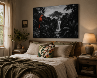 Bedroom with a large canvas print of a jungle scene above the bed.
