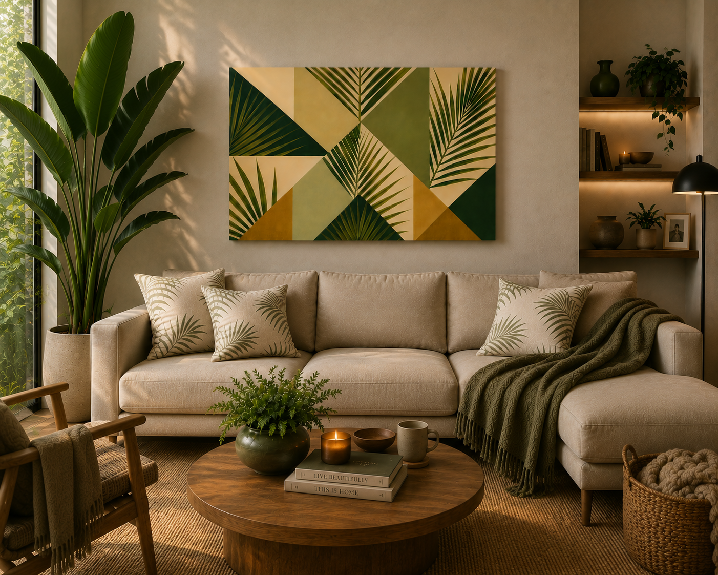 Botanical Geometric Canvas Print — Palm Leaf Wall Art, Stretched Matte Canvas