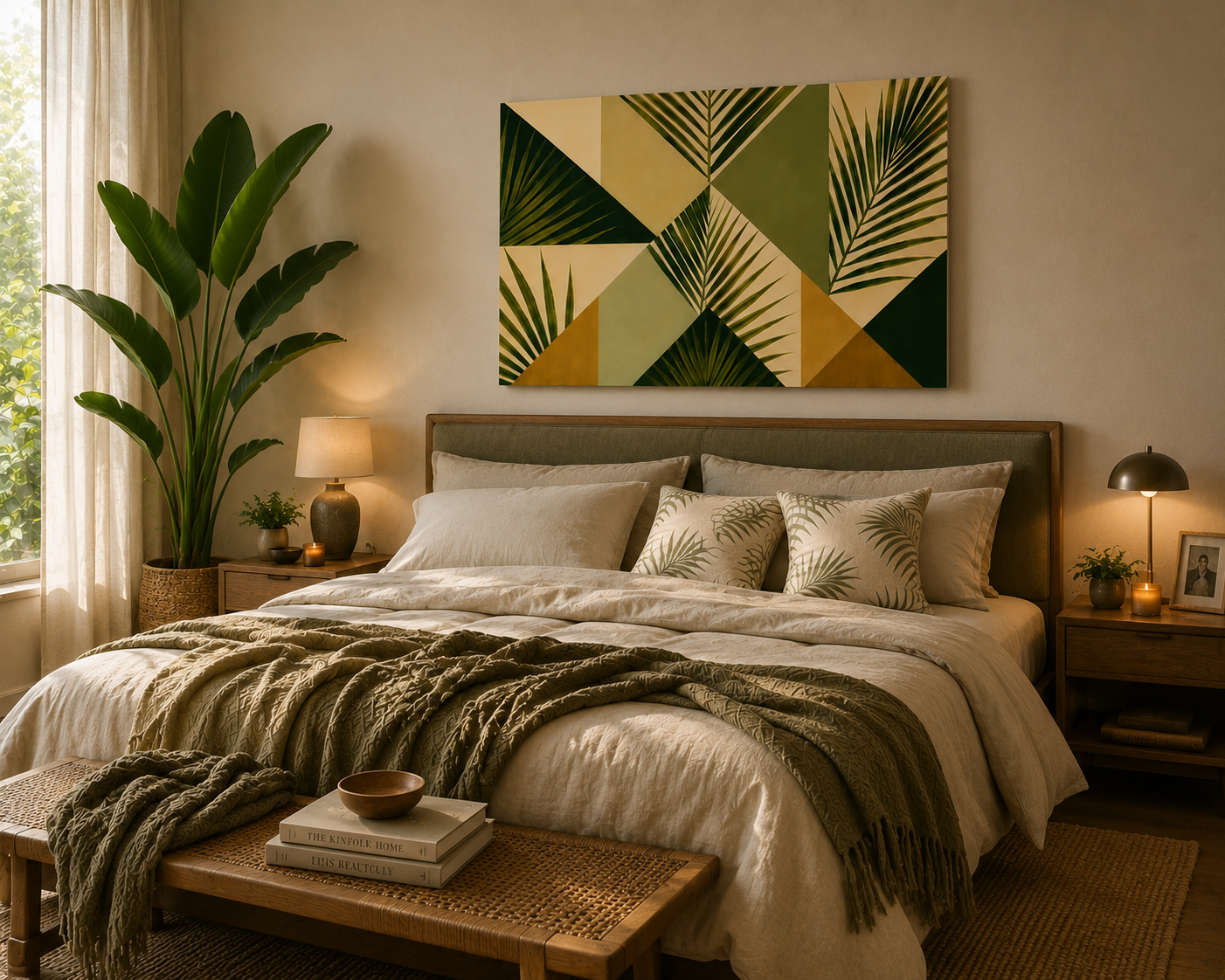 Botanical Geometric Canvas Print — Palm Leaf Wall Art, Stretched Matte Canvas