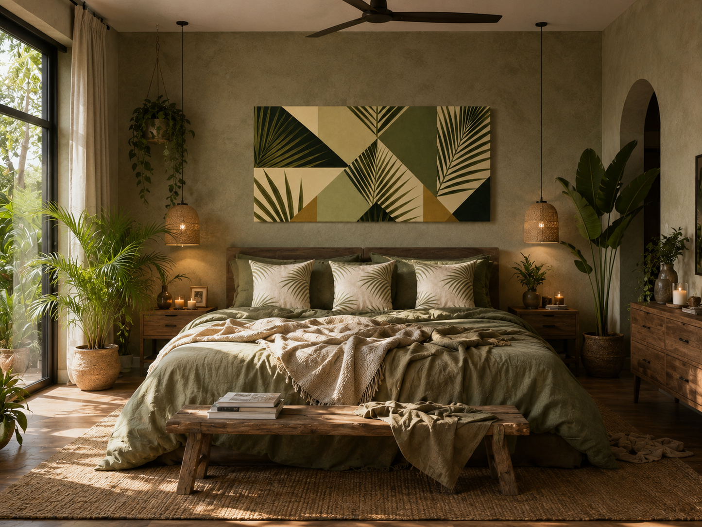 Botanical Geometric Canvas Print — Palm Leaf Wall Art, Stretched Matte Canvas